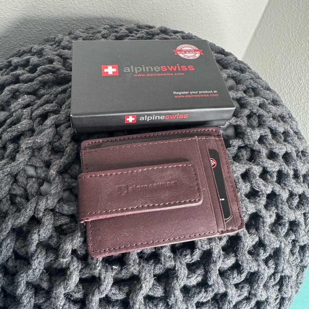 Alpine Swiss Dark Brown Leather Card Holder Money Clip Wallet